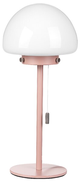 Stolná lampa ružový kovový podstavec biele sklenené tienidlo vypínač na šnúrke minimalistický štýl kancelária