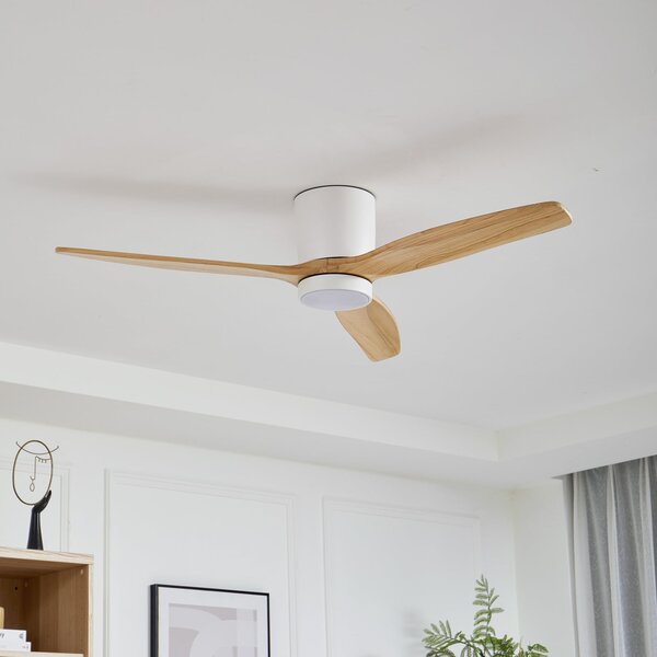 Stropný ventilátor Faipari s LED osvetlením, biely, DC, tichý, 132 cm – Lucande Lucande, Faipari, Biela, Obývacia izba, Drevo, Moderný