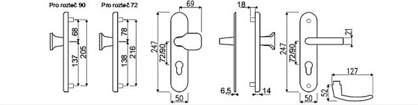 Bezpečnostné kovanie RICHTER RC101PZ.TB2 (F1), madlo/klika, Otvor na cylindrickú vložku PZ, RICHTER F1 (prírodný elox), 72 mm