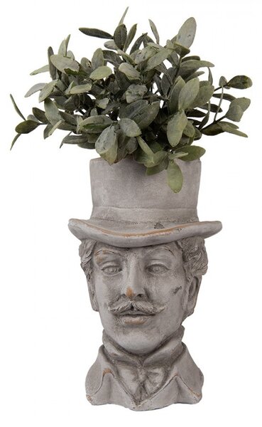 Šedý antik cementový kvetináč muž s klobúkom - 15*16*24 cm - Clayre & Eef