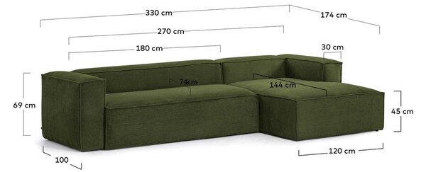 Zelená menčestrová rohová pohovka (pravý roh/s leňoškou) Blok – Kave Home