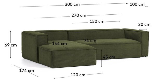 Zelená menčestrová rohová pohovka (ľavý roh/s leňoškou) Blok – Kave Home
