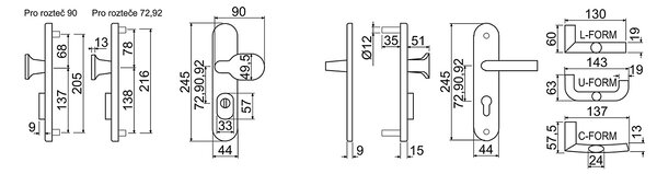 Bezpečnostné kovanie RICHTER R.711.ZB TB3 (MD), kľučka-kľučka, Otvor na cylindrickú vložku PZ, RICHTER Meď, 72 mm