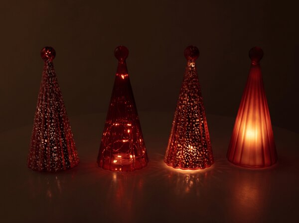 Sklenený svietiaci stromček TWINKLE s LED osvetlením 22 cm, červené odtiene