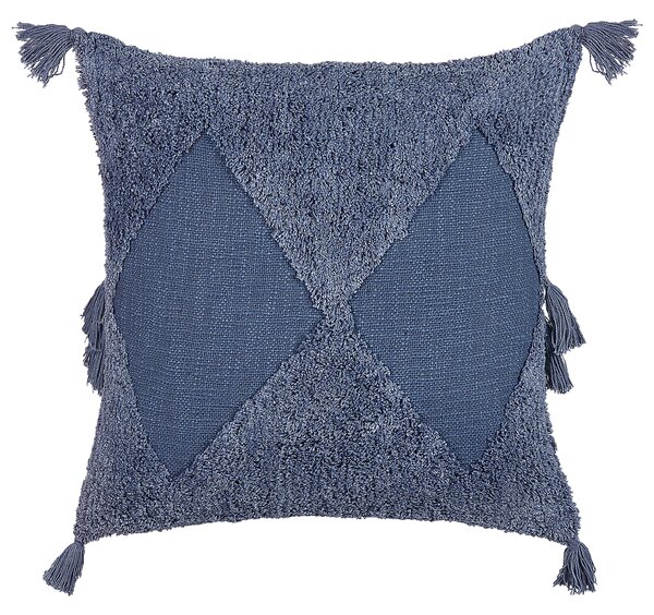 Dekoratívny vankúš modrý bavlnený 45 x 45 cm geometrický vzor strapce snímateľný poťah s výplňou boho štýl