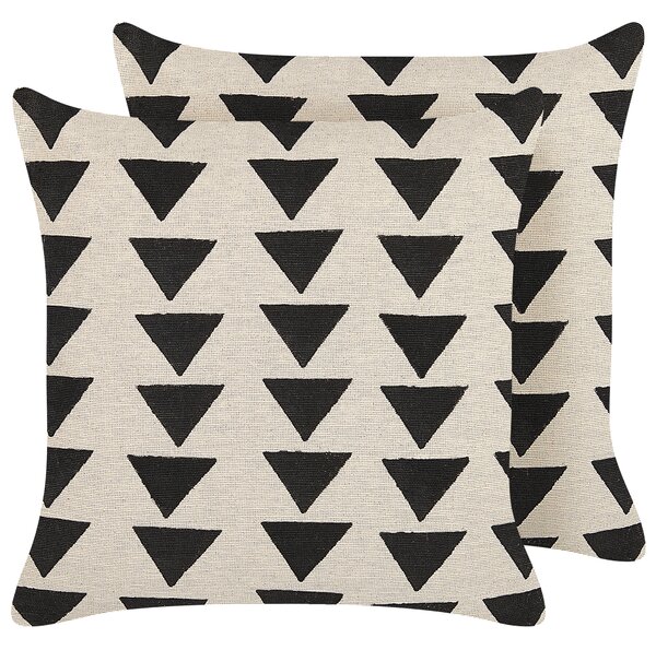 Sada 2 dekoratívnych vankúšov béžová a čierna bavlna 45 x 45 cm trojuholníkový geometrický vzor ručne vyrobený snímateľný poťah s výplňou