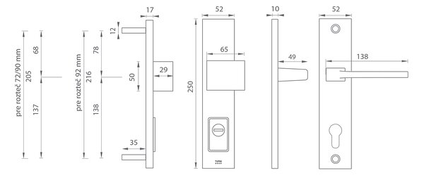 Bezpečnostné kovanie MP TI - FORTE PLUS 3214/SUPRA 3097 - SH (hrúbka dverí 64-70 mm) BS - Čierna matná, madlo/klika levá, PZ PLUS s otvorem pro vložku, MP NP (nikel perla), 72 mm
