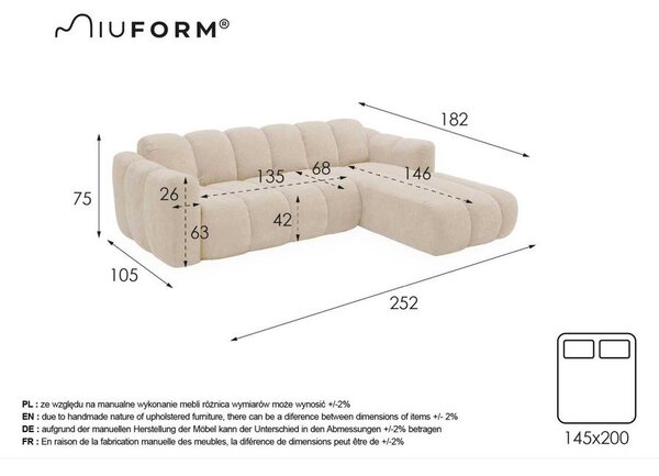 Krémovobiela ženilková rozkladacia rohová pohovka (pravý roh) Michell – Miuform