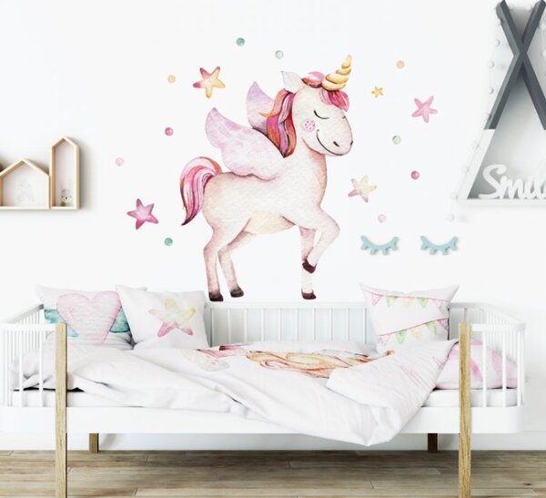Nálepka na stenu Unicorn - jednorožec, hviezdičky a guličky DK268