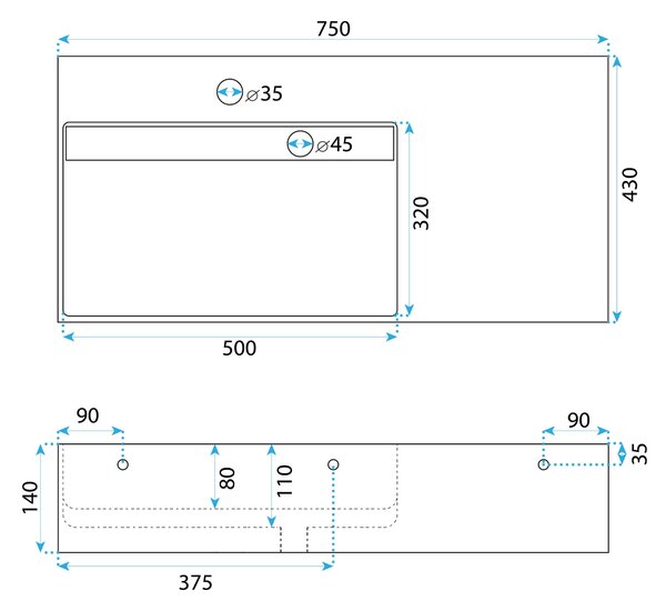 Umývadlo REA Archi 75 CM White na dosku - konglomerát