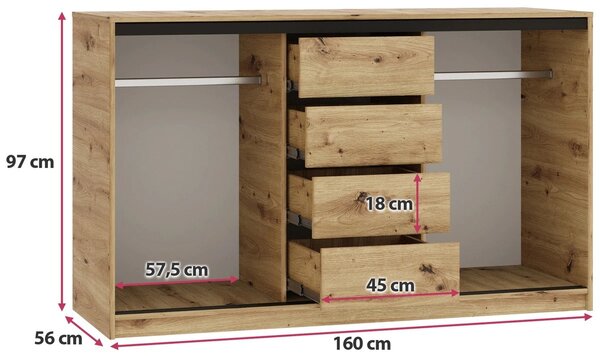 Komoda HARAZIA 160 s posuvnými dverami, hĺbka 56 cm, 2 šatníkové tyče, 4 šuplíky, dub artisan