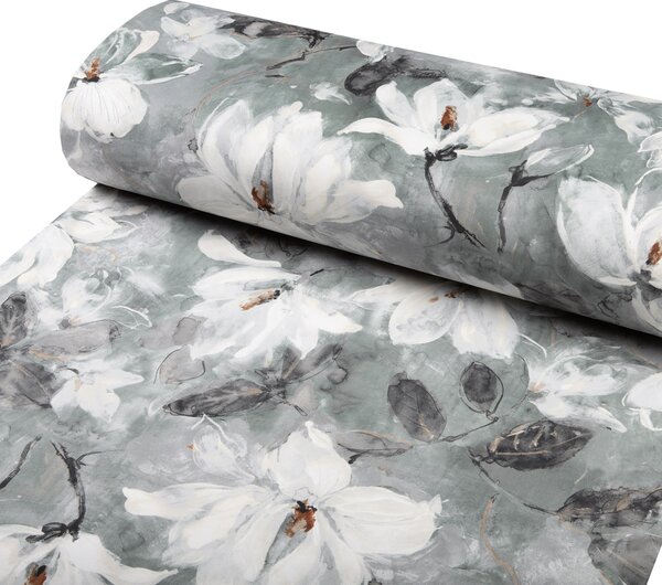 Zamatová látka Tamara TMR-016 Designové kvetiny na sivozelenom - šírka 150 cm