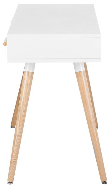 Písací stôl biely 120 x 45 cm 2 zásuvky police nohy z masívneho dreva škandinávsky dizajn