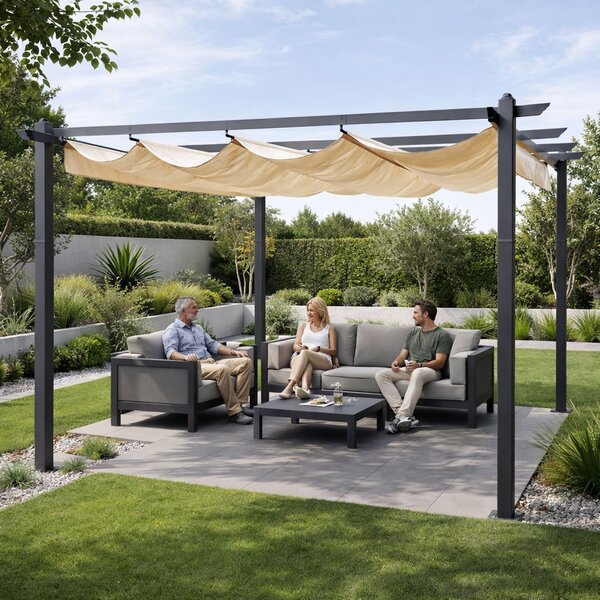 Terasová záhradná pergola 3x4 m oceľový altánok s prístreškom béžová MultiGarden