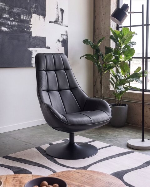 Otočné kreslo čierna umelá koža podnož čalúnené sedadlo ozdobné prešívanie mid-century modern štýl obývacia izba