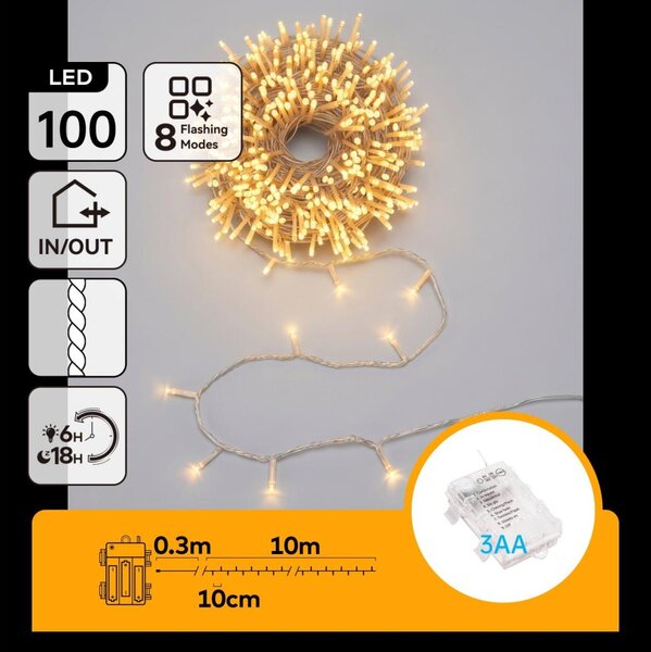 Aigostar - LED vonkajšia vianočná reťaz 100xLED/8 funkcií 3xAA 10,3m IP44 teplá biela