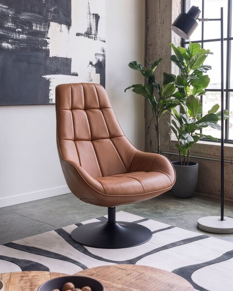 Otočné kreslo hnedá umelá koža podnož čalúnené sedadlo ozdobné prešívanie mid-century modern štýl obývacia izba