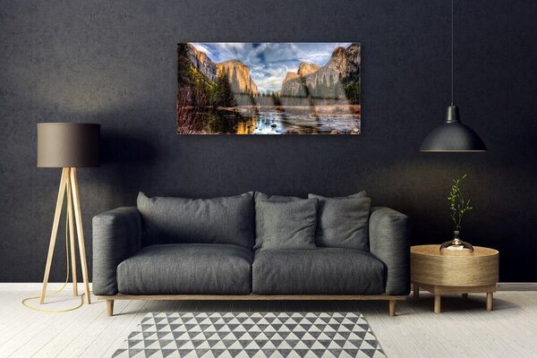 Obraz na skle Hora les jazero príroda 100x50 cm 2 Prívesky