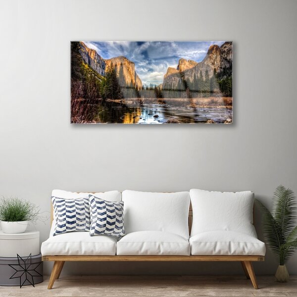 Obraz na skle Hora les jazero príroda 100x50 cm 2 Prívesky