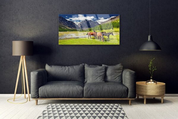 Skleneny obraz Hory stromy kone zvieratá 100x50 cm 2 Prívesky