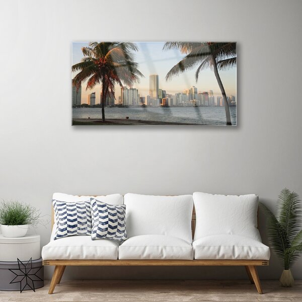Skleneny obraz Palmy trópy mesto more 100x50 cm 2 Prívesky