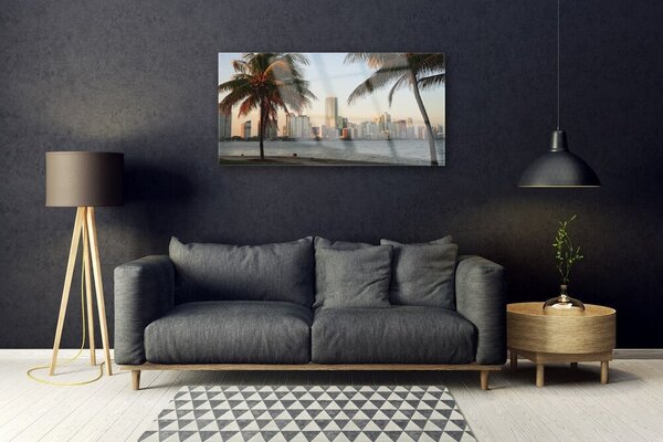 Skleneny obraz Palmy trópy mesto more 100x50 cm 2 Prívesky