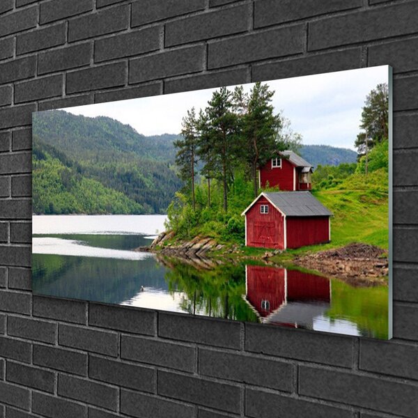 Obraz na skle Hory dom jazero príroda 100x50 cm 2 Prívesky