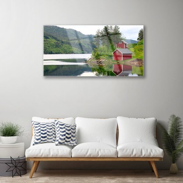 Obraz na skle Hory dom jazero príroda 100x50 cm 2 Prívesky
