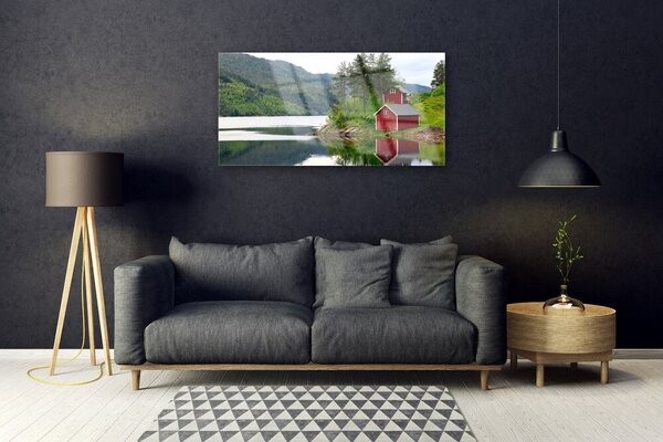Obraz na skle Hory dom jazero príroda 100x50 cm 2 Prívesky