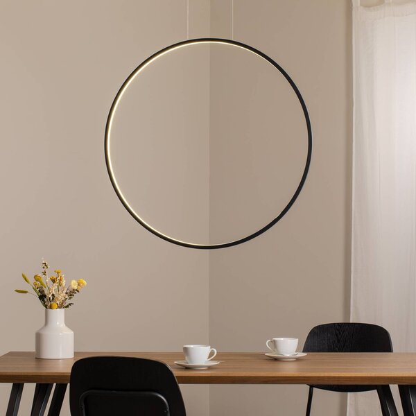 LED závesné svietidlo Saturno vertikálne, čierne, Ø 80 cm, kov, Čierna, Obývacia izba / jedáleň, Hliník, Moderný, Závesné svietidlo
