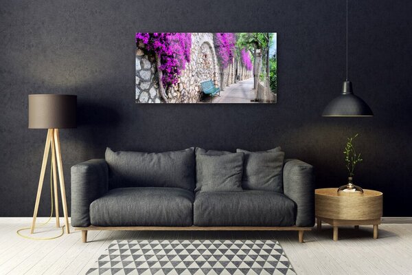 Skleneny obraz Aleje lavička kvety 100x50 cm 2 Prívesky
