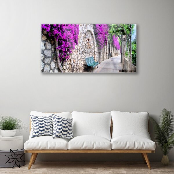 Skleneny obraz Aleje lavička kvety 100x50 cm 2 Prívesky