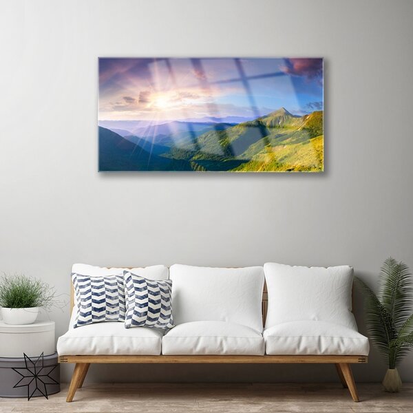 Skleneny obraz Hora lúka slnko krajina 100x50 cm 2 Prívesky