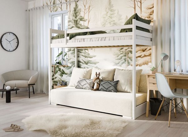 MAXMAX Vyvýšená posteľ z masívu borovice s rozkladacou pohovkou SOFIE - 200x90/140 cm - biela/béžová