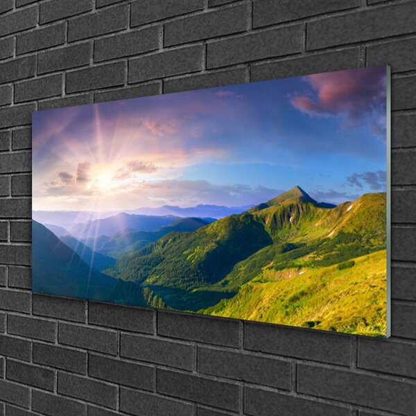 Skleneny obraz Hora lúka slnko krajina 100x50 cm 2 Prívesky