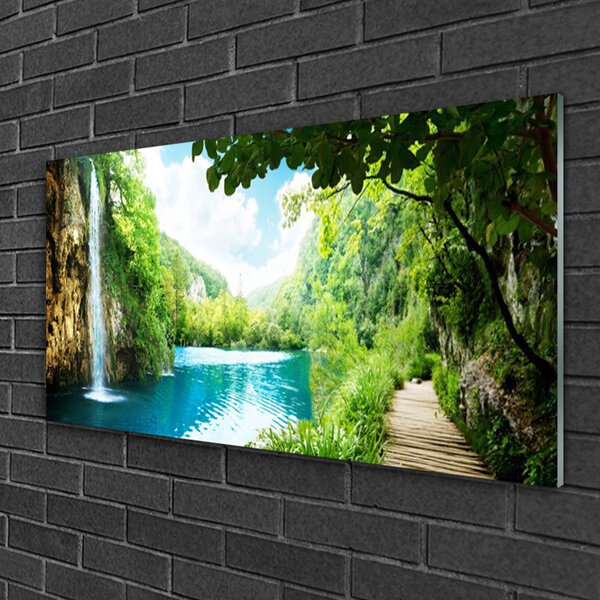 Obraz na skle Vodopád jazero príroda 100x50 cm 2 Prívesky