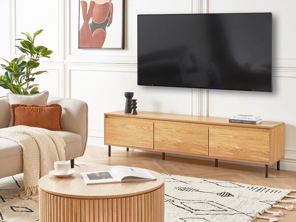 TV stolík svetlé drevo MDF 180 x 40 x 43 cm čierne kovové nohy 3 dvierka úložný priestor moderný štýl obývačka spálňa