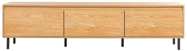 TV stolík svetlé drevo MDF 180 x 40 x 43 cm čierne kovové nohy 3 dvierka úložný priestor moderný štýl obývačka spálňa