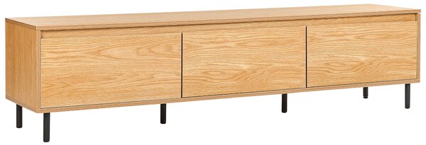 TV stolík svetlé drevo MDF 180 x 40 x 43 cm čierne kovové nohy 3 dvierka úložný priestor moderný štýl obývačka spálňa