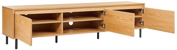TV stolík svetlé drevo MDF 180 x 40 x 43 cm čierne kovové nohy 3 dvierka úložný priestor moderný štýl obývačka spálňa