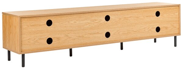TV stolík svetlé drevo MDF 180 x 40 x 43 cm čierne kovové nohy 3 dvierka úložný priestor moderný štýl obývačka spálňa