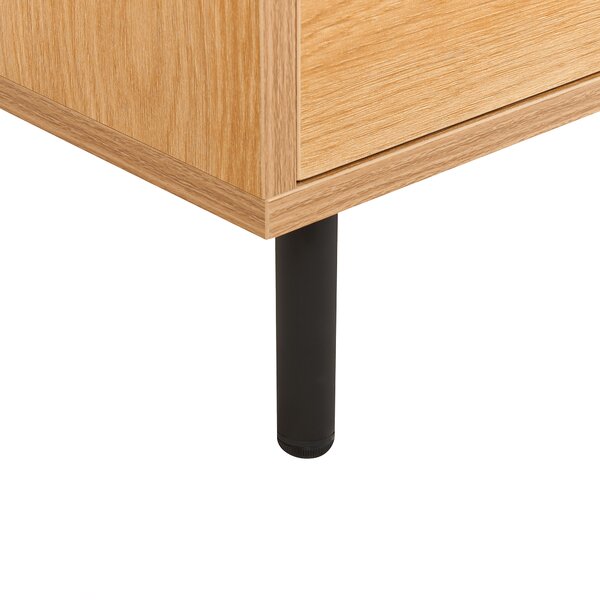 TV stolík svetlé drevo MDF 180 x 40 x 43 cm čierne kovové nohy 3 dvierka úložný priestor moderný štýl obývačka spálňa