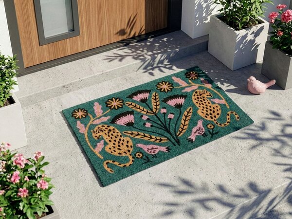 Rohožka viacfarebná prírodné kokosové vlákno 50 x 80 cm PVC protišmyková spodná strana rohož so vzorom geparda moderná