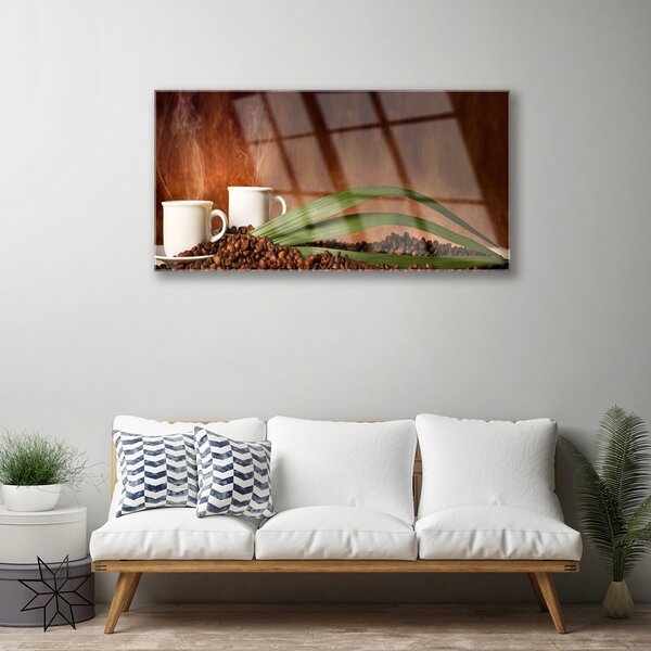 Obraz na skle Šálky káva zrnká kuchyňa 100x50 cm 2 Prívesky