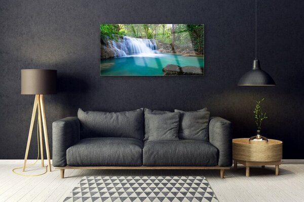 Obraz na skle Vodopád jazero les príroda 100x50 cm 2 Prívesky