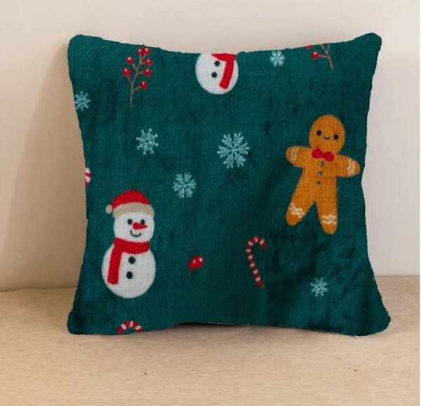 Mikroplyšový poťah na vankúšik SNOWMAN AND GINGERBREAD 45x45 cm, zelený