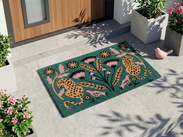 Rohožka viacfarebná prírodné kokosové vlákno 45 x 75 cm PVC protišmyková spodná strana rohož so vzorom geparda moderná