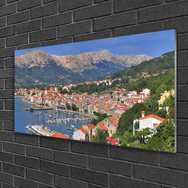Obraz na skle Mesto hora more krajina 100x50 cm 2 Prívesky