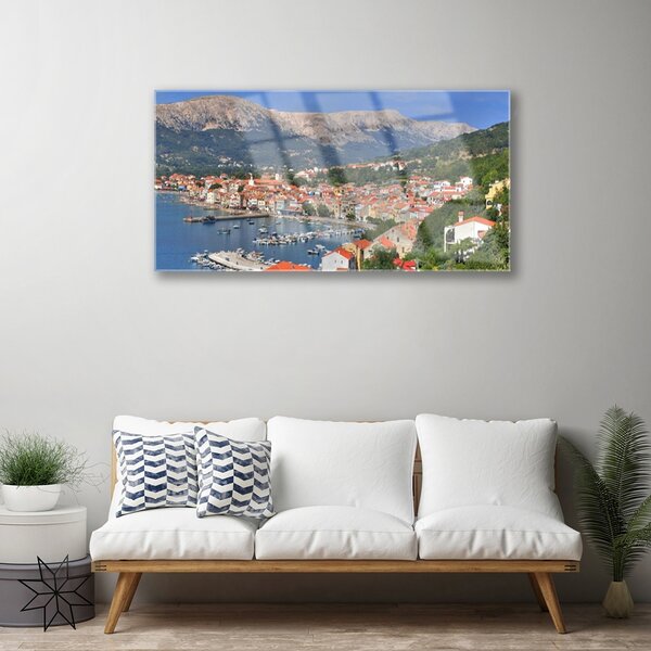 Obraz na skle Mesto hora more krajina 100x50 cm 2 Prívesky