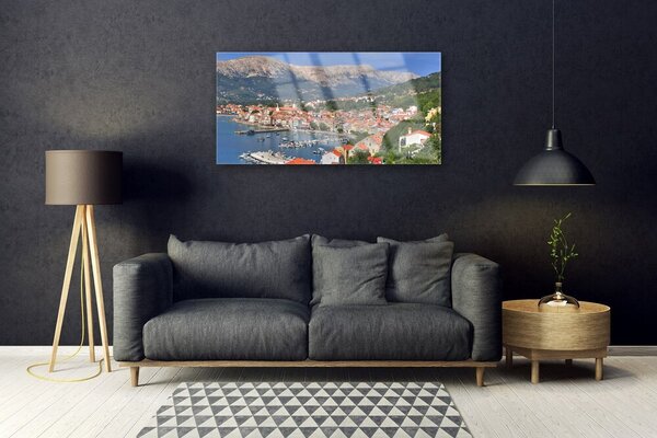 Obraz na skle Mesto hora more krajina 100x50 cm 2 Prívesky